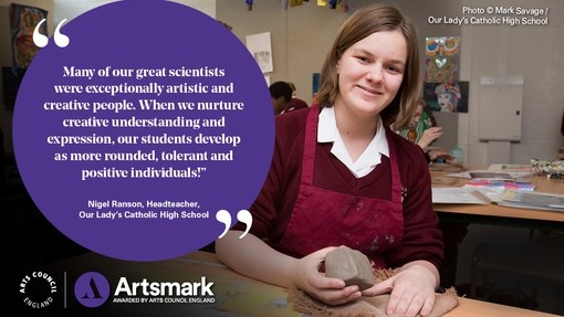 Image with testimonial and a young person next to it making an object out of clay 