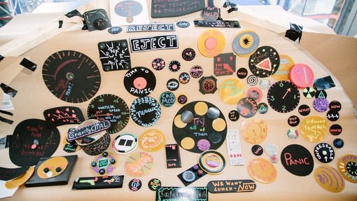 Young people's art work made out of old records 
