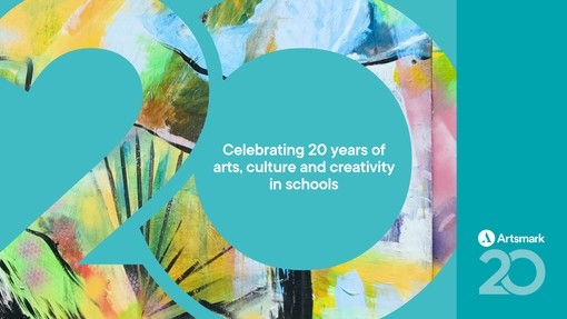 Turquoise coloured Artsmark 20 graphic with art work behind 