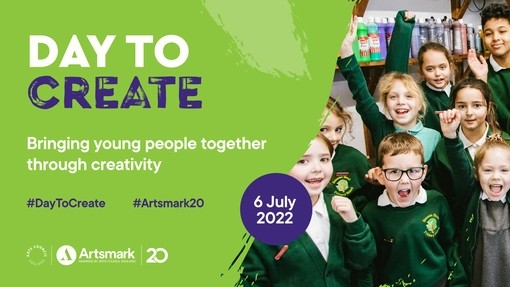 A card promoting Day to Create on 6 July 2022 with an image on the right of a group of young pupils looking happy 