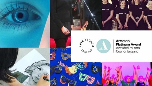 Collage of art work and photographs of students taking part in creative subjects with an Artsmark Platinum logo on the collage