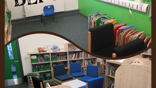 A 'Before' picture of school library with tables, desks and books 