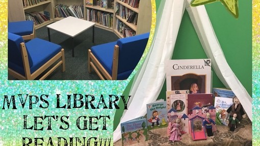 A collage image of bookshelves and chairs in one corner and a display of the book 'Cinderella' with figurines related to the story in front of it. 