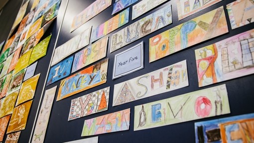 An image of a classroom wall, featuring a group of children's art work labelled 'Year 5'. 