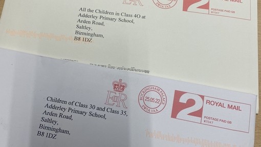 Three letters addressed to different classes from Addarley Primary school, sent from Buckingham Palace.