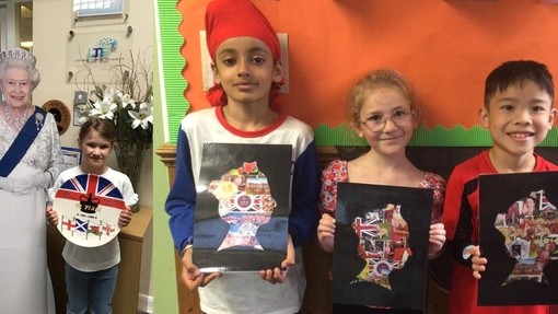 Two images. The first, is a young girl holding up her hand-decorated plate to commemorate the Platinum Jubilee, stood next to a carboard cut-out of the Queen. The second, three pupils smile whilst holding up their collages of the Queen's silhouette. 