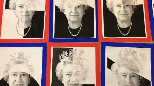 An image of 6 drawings of The Queen. The drawings are made up of half printed our pictures, with the other half hand drawn. 