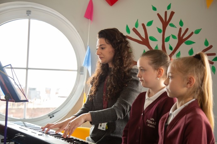 A female teacher playing piano with two female pupils standing next to her singing. singing 