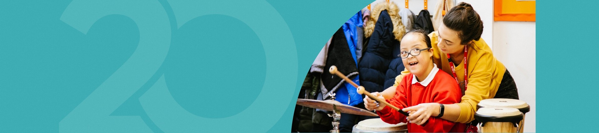 Banner image with photo of a teacher teaching young girl on the drums 