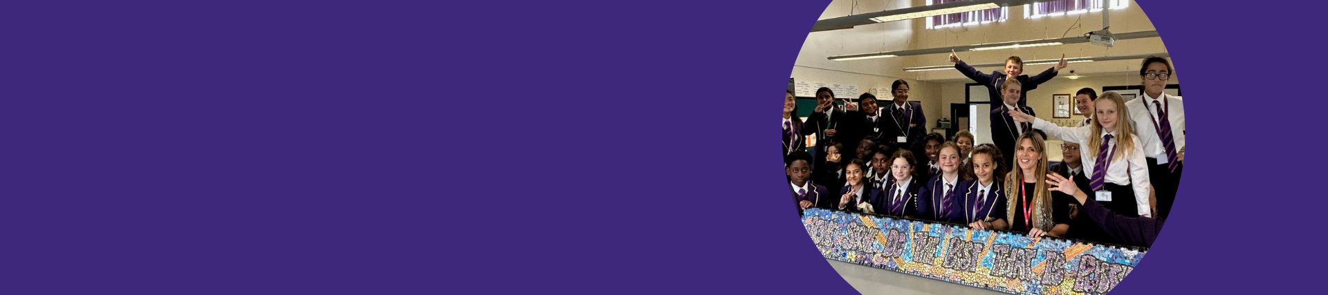 Purple banner with an image on the right of a group of children and teacher with a mosaic design in front of them