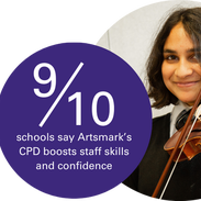 In a purple circle are the words 9 out of 10 schools say Artsmark’s CPD boosts staff skills and confidence. To the right is an image of a girl looking at the camera holding a violin.