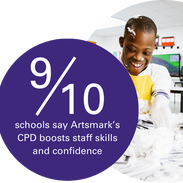 A purple circle says the words 9 out of 10 schools say Artsmark’s CPD boosts staff skills and confidence. Next to that is an image of two pupils laughing with their hands in white paint.